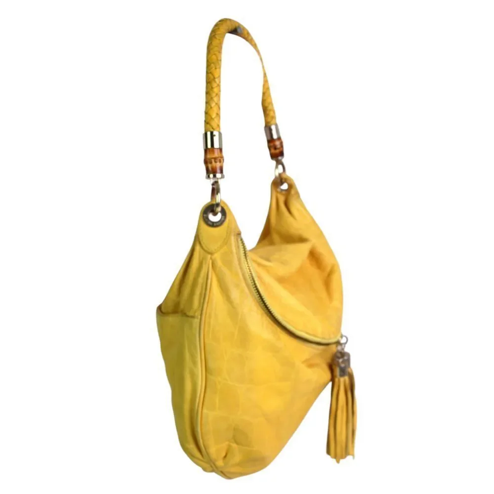 ROOMY Elaine Turner TOOLED YELLOW REAL LEATHER TASSELS SHOULDER BAG HOBO HANDBAG